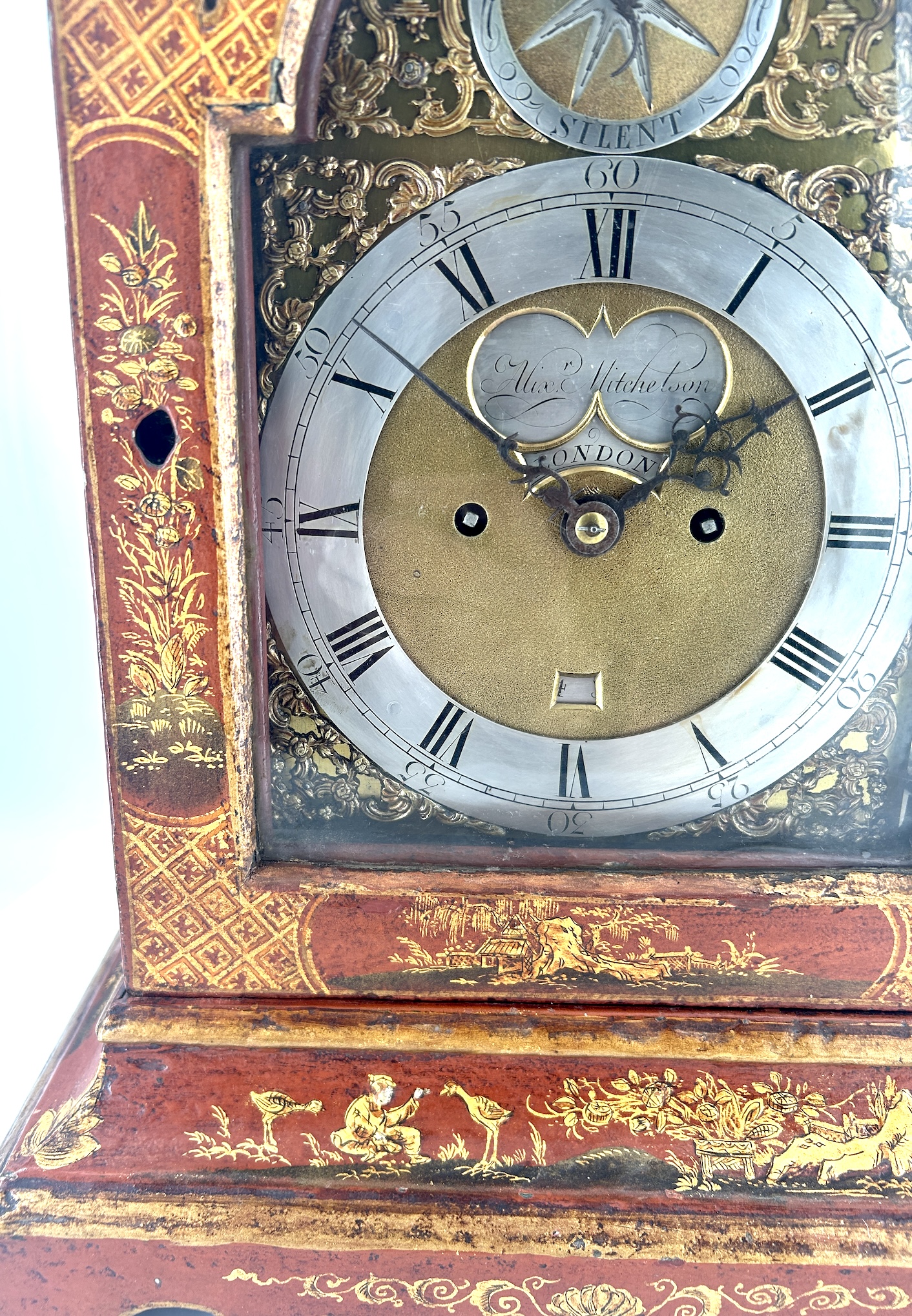 Outstanding Red Chinoiserie English Verge Twin Fusee Bracket Clock – Ca 1760 twin fusee Antique Clocks 9